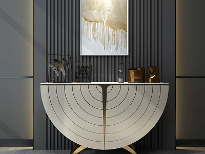 Modern Entryway Console Table With White Curved Design Gold Accents And Wall Art Decor 3d model