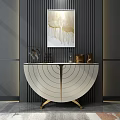 Modern Entryway Console Table With White Curved Design Gold Accents And Wall Art Decor