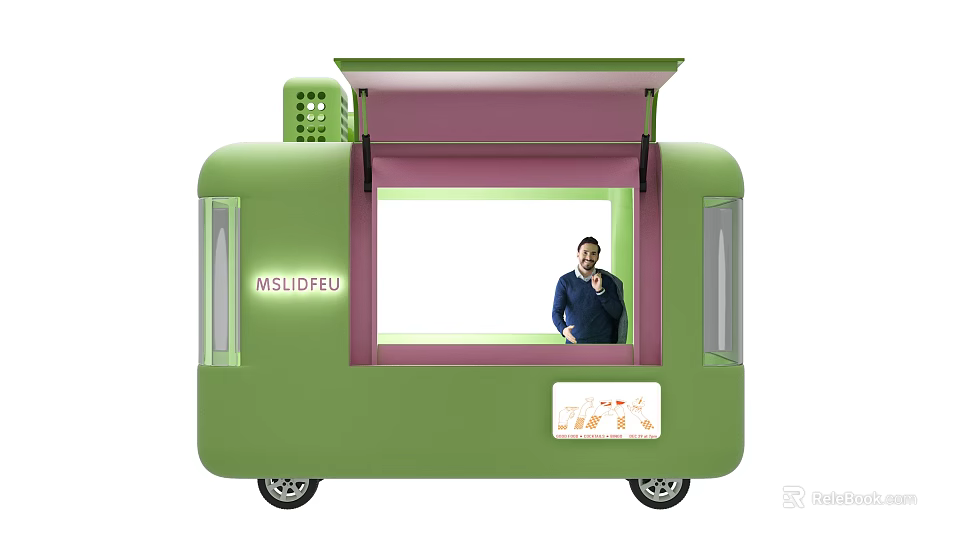 Green Mobile Food Truck Commercial Equipment With Pink Top And Transparent Windows 3d model 