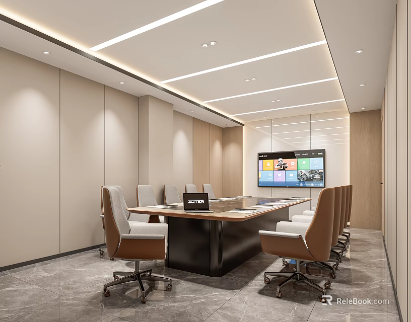 Modern Conference Room Interior With Long Wooden Table Ergonomic Chairs And Digital 3d model 