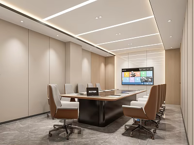 Modern Conference Room Interior With Long Wooden Table Ergonomic Chairs And Digital 3d model