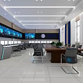 Modern Control Room Interior Design With Multiple Screens Long Table Chairs And Blue Curtains 3d model