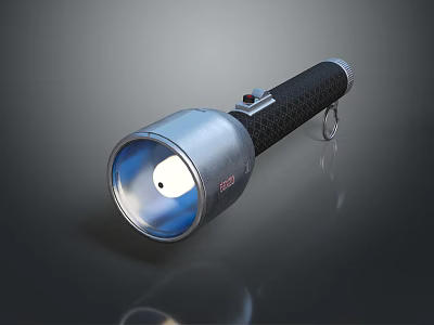 Practical Durable Metal Flashlight With Black Grip Illuminated Head And Carabiner 3d model