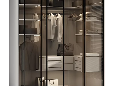 Modern Wardrobe Interior With White Chest Of Drawers Hanging Clothes And Handbags 3d model