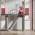 Elegant Modern Console Table Design With Lattice Walls Striped Wall Red Ornaments And Decorative Paintings
