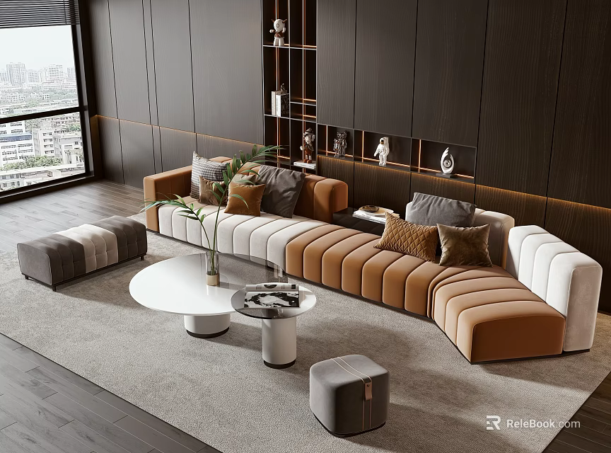 Modern L shaped Sofa Coffee Table Set With Decorative Pillows Footstools Large Window City View 3d model