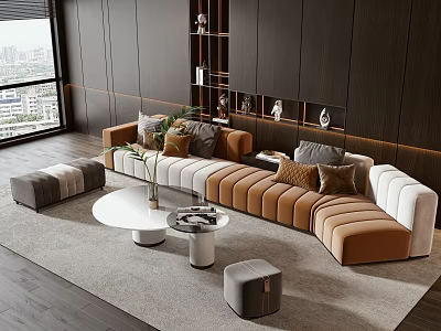 Modern L shaped Sofa Coffee Table Set With Decorative Pillows Footstools Large Window City View 3d model