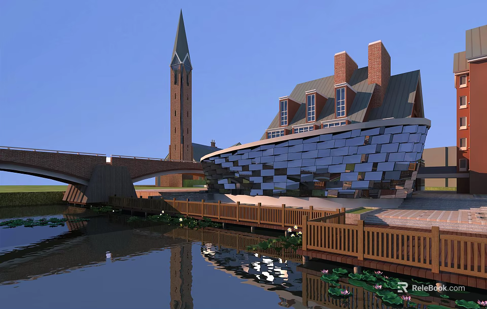 Modern Sales Office Building With Unique Glass Facade Overlooking Water And Wooden Boardwalk 3d model 