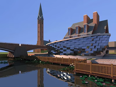 Modern Sales Office Building With Unique Glass Facade Overlooking Water And Wooden Boardwalk 3d model
