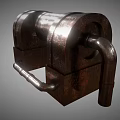 Rustic Industrial Metal Equipment Featuring Cylindrical Body Square Base And Pipe Connections