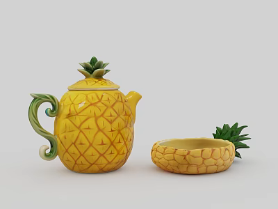 Pineapple Shaped Yellow Teapot and Saucer Dinnerware Set with Green Leaves and Textured Surface 3d model