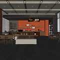 Modern Café Interior Design With Orange Walls Wooden Ceiling Coffee Bar And Cozy Seating