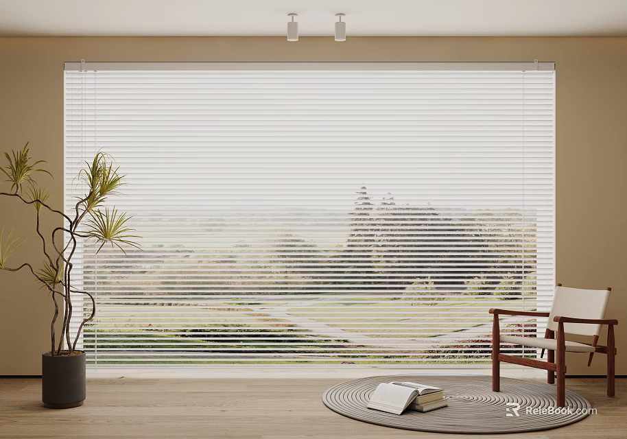 Bright Window Blinds with Potted Plant Wooden Chair Round Rug Book and Scenic Outdoor View 3d model 
