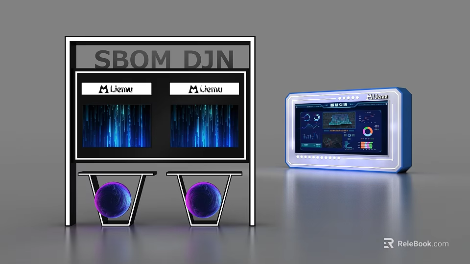 Modern Display Shelf With SBOM DJN Livenza Screens Blue Lights Purple Spheres And Digital Panel 3d model 