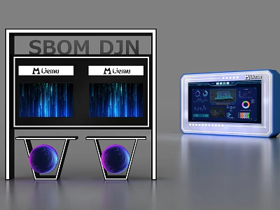 Modern Display Shelf With SBOM DJN Livenza Screens Blue Lights Purple Spheres And Digital Panel 3d model