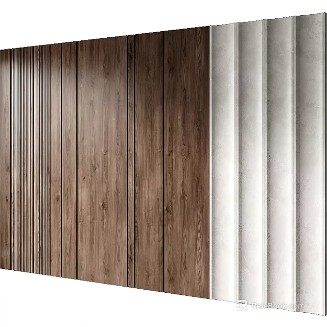 Stylish Background Wall Design With Wooden Panel Texture And White Vertical Stripes 3d model 