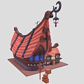 Cartoon Style Ship Shaped Building with Red Roof Blue Windows Spire and Wooden Barrels Signpost