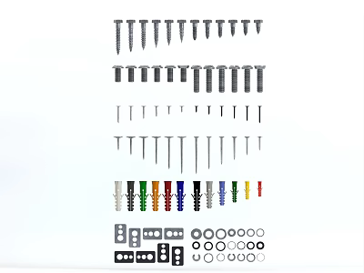 Various Types of Colored Screws Nails Washers and Hardware Fasteners Set 3d model