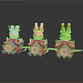 Cute Cartoon Character Figurines With Purple Pink Green Hairs And Geometric Patterned Boxes