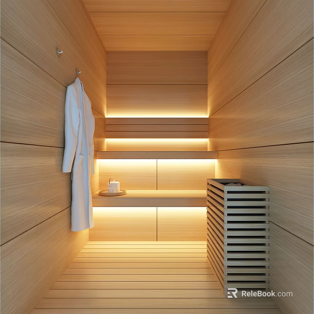 Wooden Sauna Interior With Warm Lighting White Robe And Wooden Shelf 3d model 