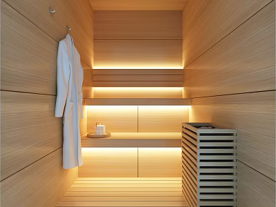 Wooden Sauna Interior With Warm Lighting White Robe And Wooden Shelf 3d model