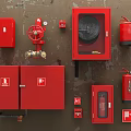 Red Fire Equipment With Extinguishers Hydrants Cabinets And Hose Reels On Wall
