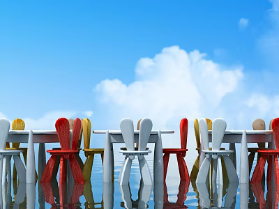 Kids Table with Multi Colored Chairs Blue Sky White Clouds and Water Reflection Bright Fresh 3d model