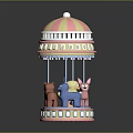 Colorful Mini Carousel Toy With Pink White Striped Canopy And Colored Animal Figures