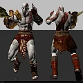 Man in ancient warrior outfit with red white tattoos holding weapon in battle stance
