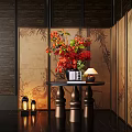 Elegant Traditional Chinese Console Table Interior With Red Floral Arrangement Lantern Lamps And Patterned Screen