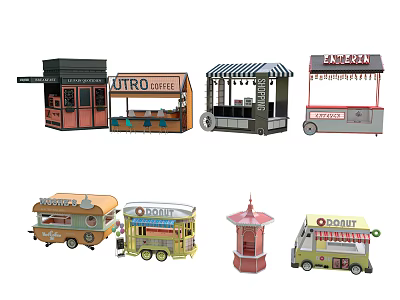 Vibrant Commercial Street With Coffee Shop Food Stalls Bakery And Lobster Carts 3d model