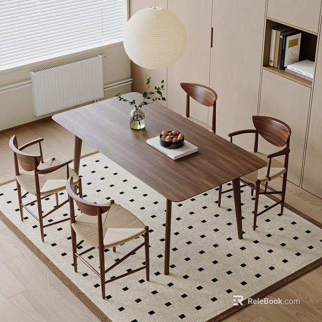 Minimalist Wooden Dining Table Set with Four Chairs Greenery Fruit Tray and Checkered Rug 3d model 