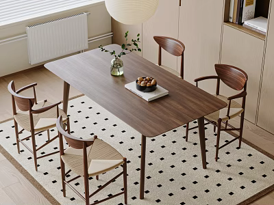 Minimalist Wooden Dining Table Set with Four Chairs Greenery Fruit Tray and Checkered Rug 3d model