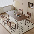 Minimalist Wooden Dining Table Set with Four Chairs Greenery Fruit Tray and Checkered Rug