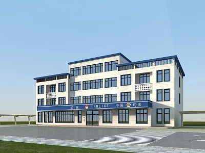 Modern Three Story White And Blue Police Station Building With Large Windows And Front Road 3d model