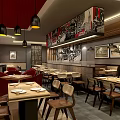 Mother Rice Noodle Restaurant Interior With Patterned Walls Dining Tables And Red Chairs