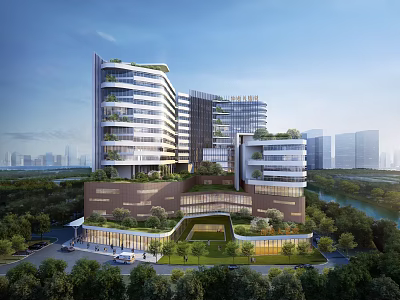 Modern Multi Story Office Building With Greenery Covered Exterior Near River and Lush Urban Surroundings 3d model