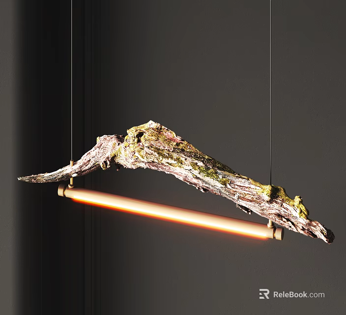 Natural Form Hanging Chandelier With Orange Tube Light And Organic Branch Like Texture 3d model 