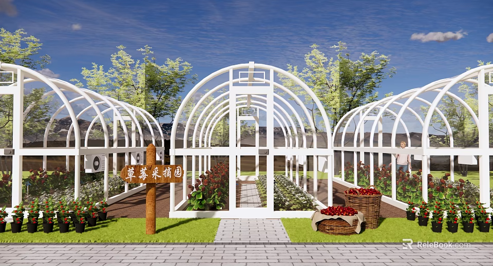 Garden Landscape With White Arched Greenhouse Paved Path Green Plants And Fruit Baskets 3d model 