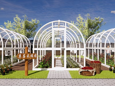 Garden Landscape With White Arched Greenhouse Paved Path Green Plants And Fruit Baskets 3d model