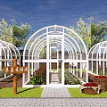 Garden Landscape With White Arched Greenhouse Paved Path Green Plants And Fruit Baskets