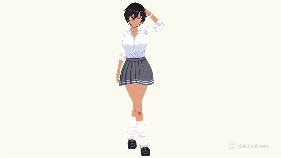 Woman With Black Short Hair Wearing White Shirt Gray Pleated Skirt And Black Shoes 3d model 