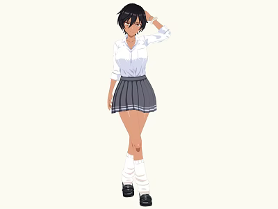 Woman With Black Short Hair Wearing White Shirt Gray Pleated Skirt And Black Shoes 3d model