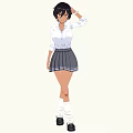 Woman With Black Short Hair Wearing White Shirt Gray Pleated Skirt And Black Shoes
