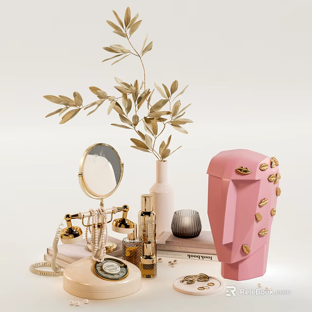 Elegant Decorative Ornament Set With Golden Olive Branch White Vase Round Mirror And Pink Ornament 3d model 