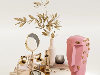 Elegant Decorative Ornament Set With Golden Olive Branch White Vase Round Mirror And Pink Ornament 3d model