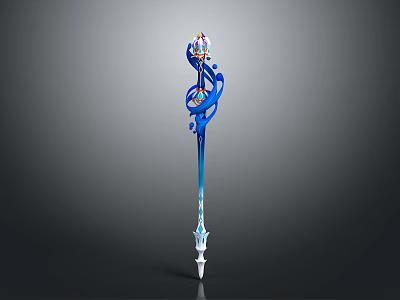 Long Fantasy Blue And White Staff With Intricate Top Design And Decorative Elements 3d model