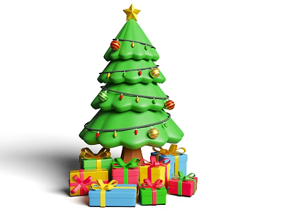 Festive Christmas Decorative Ornament Set Featuring Green Tree With Star Lights And Colorful Gift Boxes 3d model