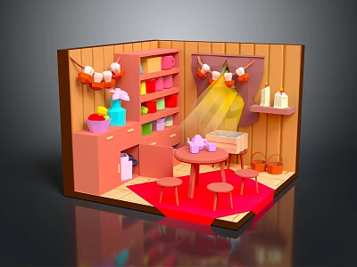 Cartoon Cozy Scene With Pink Shelves Colorful Items Table Stools Red Rug And Warm Light 3d model