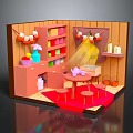 Cartoon Cozy Scene With Pink Shelves Colorful Items Table Stools Red Rug And Warm Light